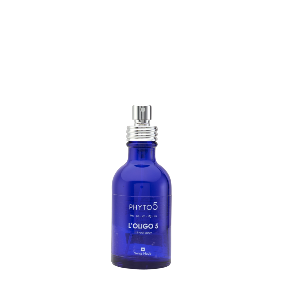 PHYTO 5 l'oligo 5 spray hydratant visage lotion tonique naturelle visage eau de source suisse mineraux oligo elements cuivre cobalte magnesium manganese zinc peau seche peau deshydratee peau grasse peau mixte anti age cosmetique naturel cosmetique suisse ingredients bio laboratoire suisse soin energetique soin naturel soin holistique