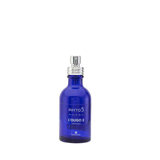 PHYTO 5 l'oligo 5 spray hydratant visage lotion tonique naturelle visage eau de source suisse mineraux oligo elements cuivre cobalte magnesium manganese zinc peau seche peau deshydratee peau grasse peau mixte anti age cosmetique naturel cosmetique suisse ingredients bio laboratoire suisse soin energetique soin naturel soin holistique