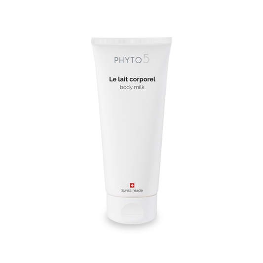PHYTO 5 le lait corporel bio gamme suisse lait hydratant corps bio certifie biologique lait corps naturel lait peau seche peau sensible lait bio pour le corps cosmetique naturel cosmetique suisse ingredients bio laboratoire suisse soin energetique soin naturel soin holistique