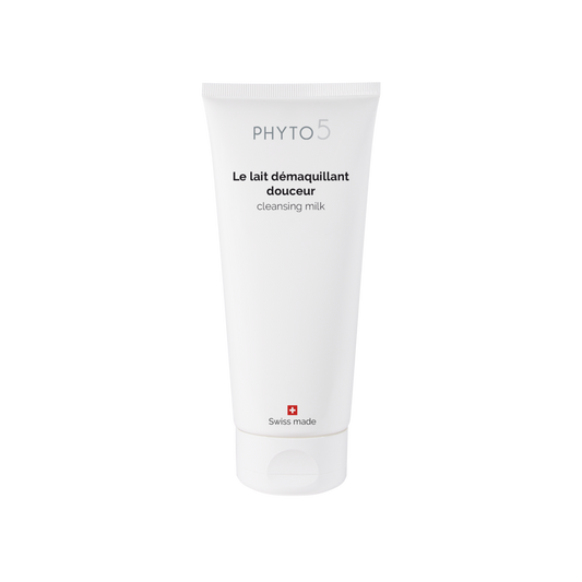 PHYTO 5 gamme suisse le lait demaquillant douceur lait demaquillant visage nettoyant visage demaquillant yeux yeux sensibles peau seche peau sensible hydratant cosmetique naturel cosmetique suisse ingredients bio laboratoire suisse soin energetique soin naturel soin holistique
